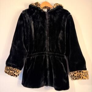 Casual Time Black Faux Fur Hooded Coat Leopard Trim Made in USA